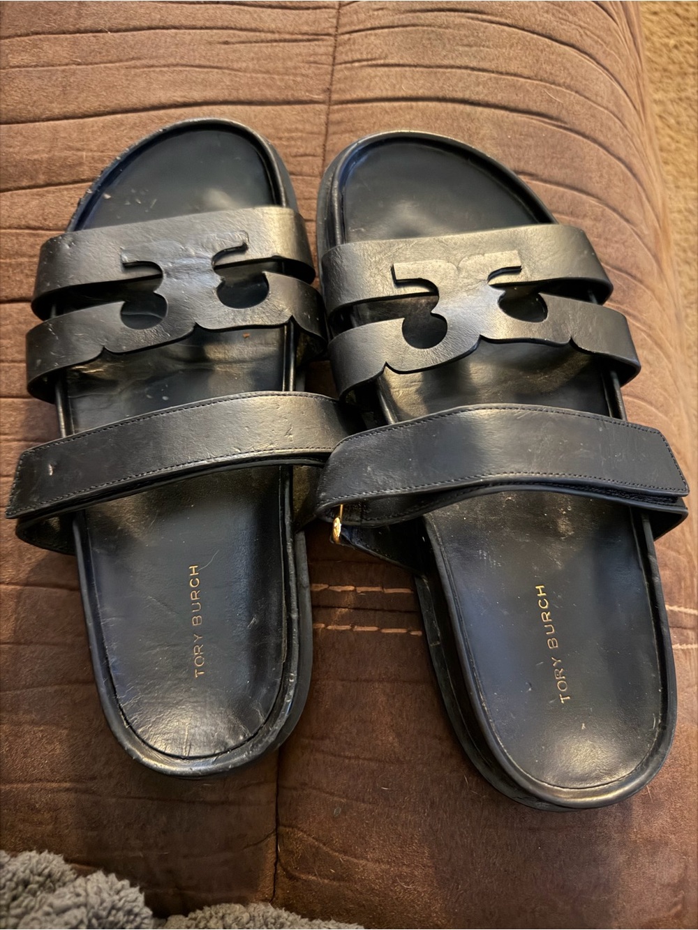 Tory Burch Black Leather Double-Strap Logo Slide Sandals